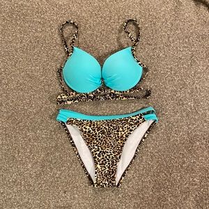 2 pc Teal and Leopard Print Bathing Suite